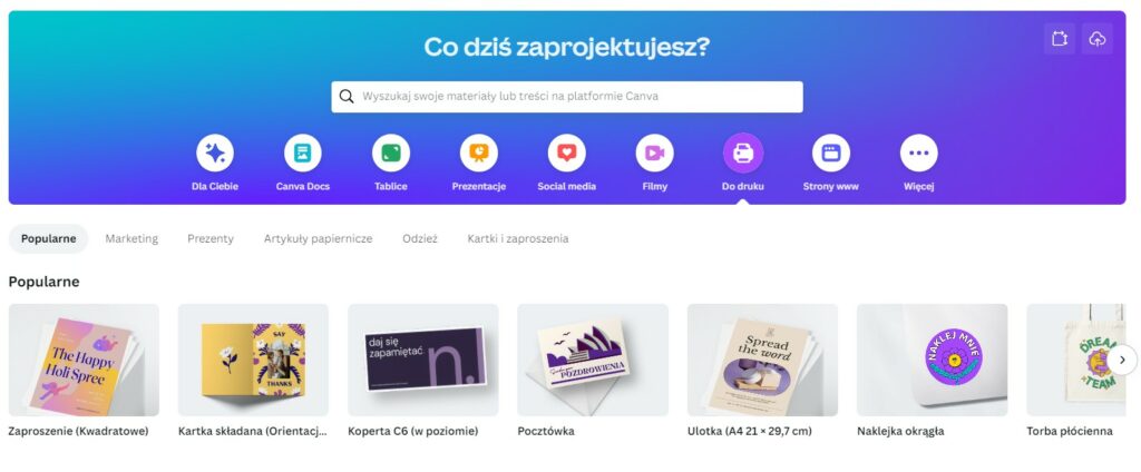 Canva - dostępne formaty do druku