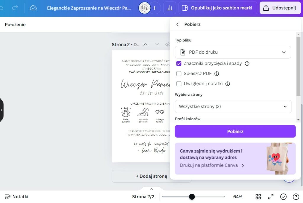 Zaproszenie w Canva - ustawienia przed pobraniem dokumentu do druku